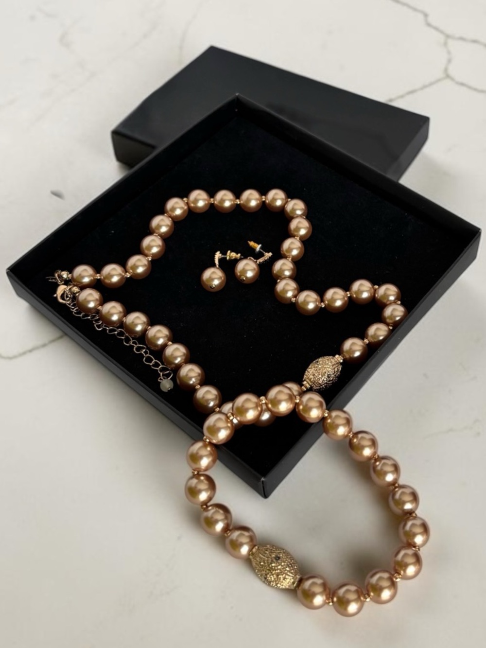 Champagne Faux Pearl Jewelry Set Necklace Bracelet Earrings
